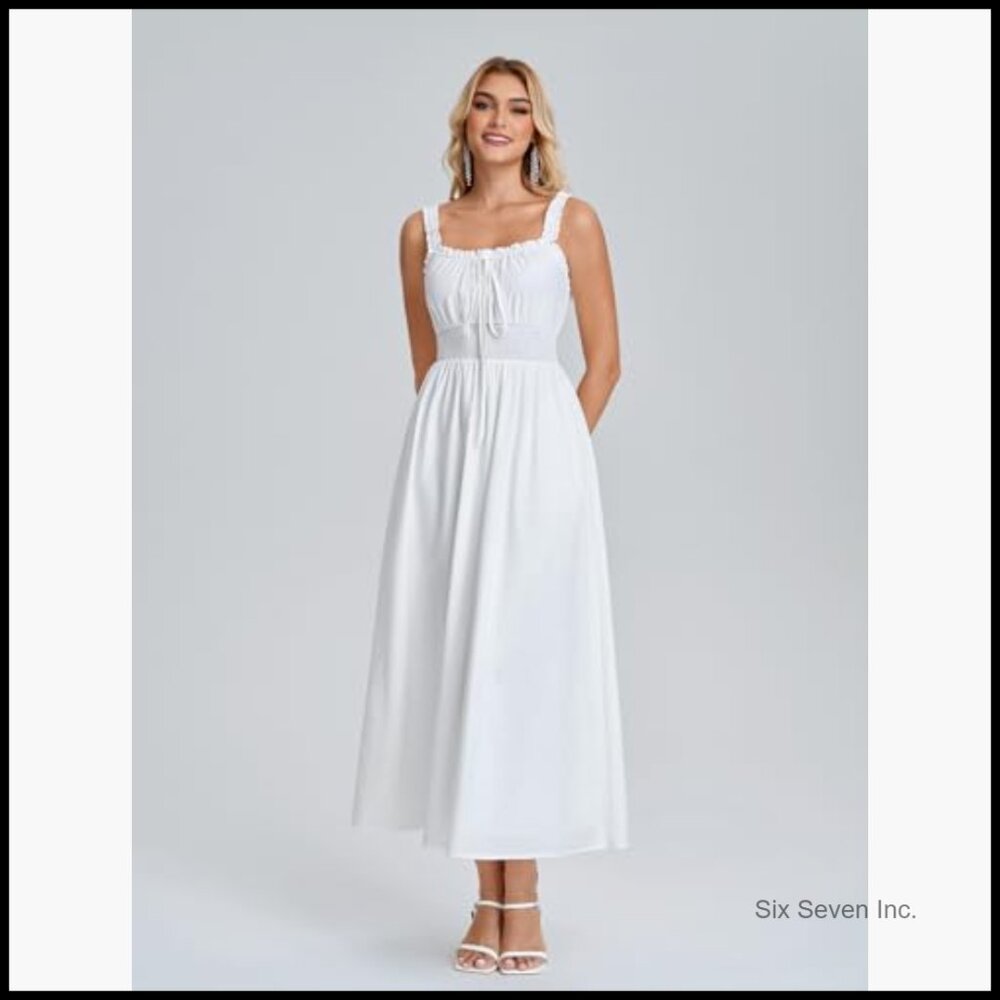 Polyester Elastane Square Neck Smocked Midi Dress… - image 2